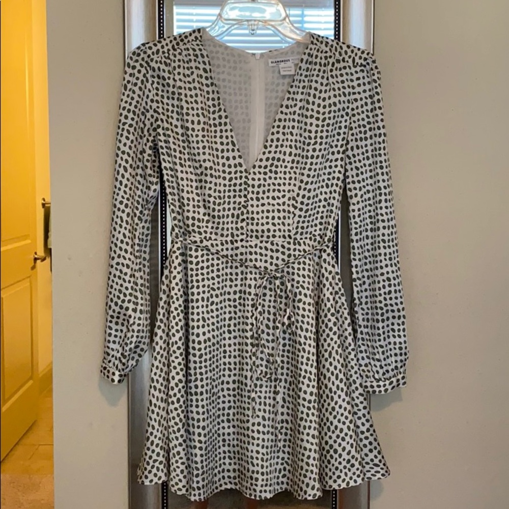 White and Green Polka Dot Tie Waist Dress